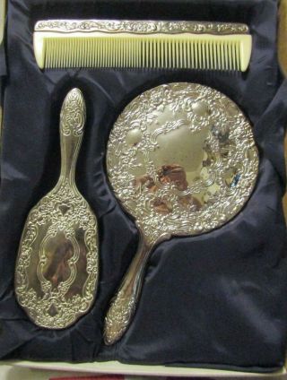 Vintage Antique Vanity Set Mirror Brush & Comb Silver Tone Vanity Set Great Gift
