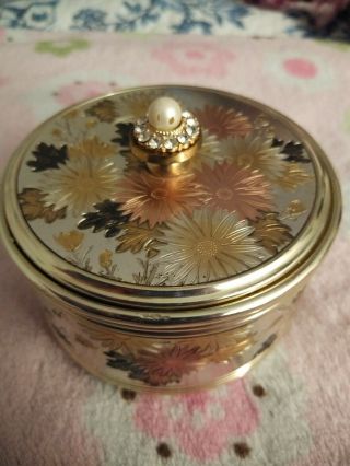Japan Powder Music Box W/lid Floral Design Gold Trim Powder Puff Footed