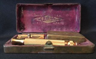 Vintage Antique Gillette Safety Razor Usa Known The World Over Brass Case Reg Us