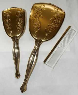 Vintage Brass Gold Tone Vanity Set Beveled Glass Hand Mirror,  Brush & Comb