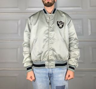 Vintage Oakland Raiders Nfl Starter Satin Jacket Coat Mens Size Xl Silver