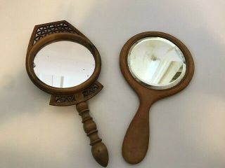 Wood Hand Mirrors Vintage Antique Two Wooden Carved Tramp Folk Art Handmade Old