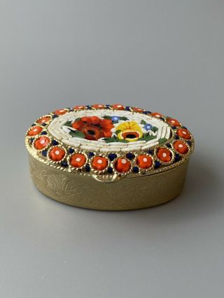Vintage Italian Micro Mosaic Pill Trinket Box Charming Rose Floral Design Gold