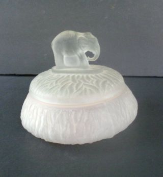 Vintage White Satin Frosted Glass Figural Elephant Vanity Powder Puff Box Jar