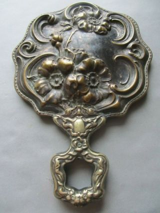 Antique 1900s Repousse Silver Plated Vanity Hand Mirror Art Nouveau Flowers