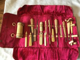 Vintage/antique Celluloid Manicure Set Leather Roll Case Early 1900 