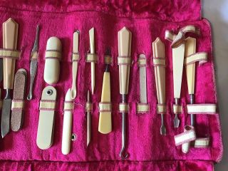Vintage/antique Celluloid manicure set Leather roll case Early 1900 ' s 2