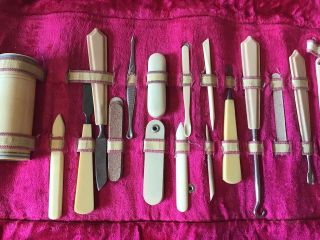 Vintage/antique Celluloid manicure set Leather roll case Early 1900 ' s 3