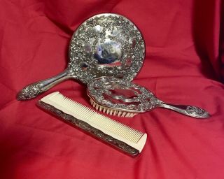 Vintage Silver Plate Vanity Set Hand Mirror Brush & Comb