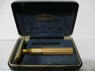 Vintage Gillette Gold Tech Fat Handle Safety Razor W/ Case