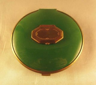 Green Enameled Vintage Compact With Little Lipstick Pot On Top - Powder & Rouge