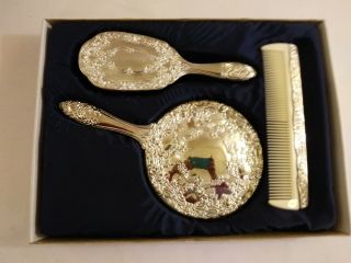 Nib Vintage 3 Piece Vanity Set Brush Mirror Comb Silver Plated Dresser Set