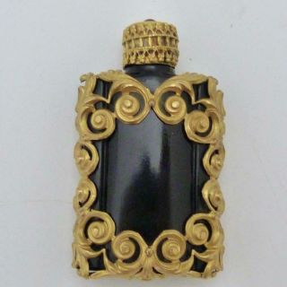 Antique Black Glass Perfume Bottle With Filigree Gilt Metal Overlay