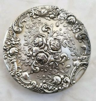 Gorham 325 - 0 Sterling Silver Repousse Purse Pocket Mirror W/cover,