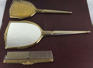 Vintage Retro Golden Wheel 3 Piece Dresser Set Mirror Hairbrush Comb Vanity