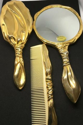 Godinger 1988 Retro Vanity Hand Mirror & Brush Set Dresser Silver Gold Tone