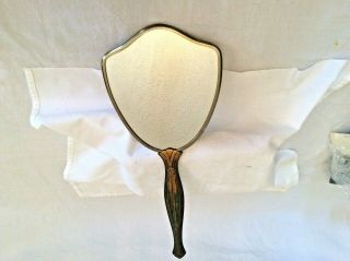 Vintage Hand Held Vanity Dresser Beveled Mirror Metal Framed W/tapestry Back