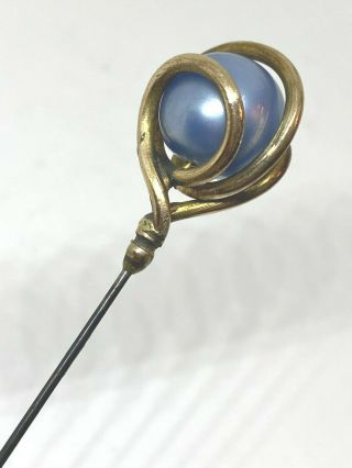 Antique Hat Pin Pretty Powder Blue Sphere Captured In Golden Loops.  Collectible