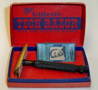 Vintage 1940s - 1950s Gillette Tech Razor W/box & Blades/ Gold Tone W/black Handle