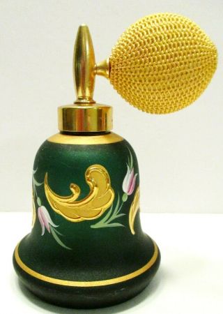 Vintage Holmspray Green Glass Perfume Bottle Atomizer Floral Gold Germany 750/7
