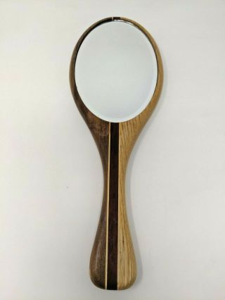 Vintage Wooden Oval Beveled Glass Hand Mirror Vanity Womans Stripe 13 "