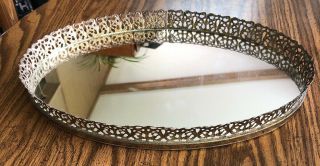 Vintage Oval Vanity Dresser Mirror Tray Gold Tone Filigree 16 " X 10 3/4 "