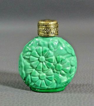 Art Deco Bohemian Czech Malachite Glass 2 " Perfume Bottle Flowers Curt Schlevogt