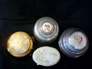 4 Vintage Powder Boxes 3 Metal & Musical And 1 Porcelain N Hand Painted All Vgc