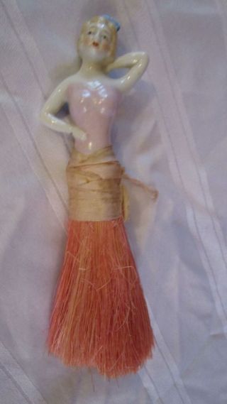 Vintage German Porcelain Half Doll Sweeper,  Brush.  Crumb Waiter Duster In Pink