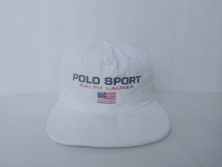 Vintage Polo Sport By Ralph Lauren White Cap Hat Flag Big Logo Usa Made
