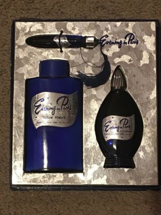 Vintage 3 - Piece Gift Set Evening In Paris - Cobalt Bottles - Perfume,  Talc & Cologne