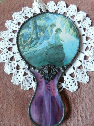 Stained Glass Hand Mirror Art Nouveau Style W/ Maxfield Parrish Picture 7 1/2 "