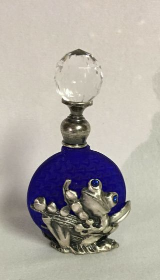 Collectible Cobalt Blue Perfume Bottle With Pewter Frog On The Front 21468