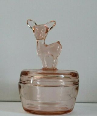 Vintage Jeanette Pink Depression Glass Powder Dish Fawn Deer,  6 " X 4 "