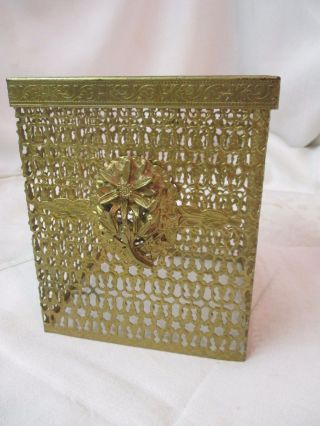 Vintage Gold Gilt Filigree Tissue Box Holder Applied Flower Hollywood Regency