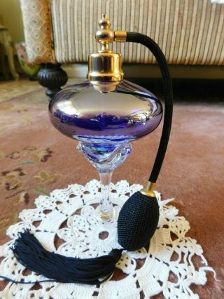 Vintage Perfume Bottle With/ Atomizer Iridescent Cobalt Blue And Clear Glass