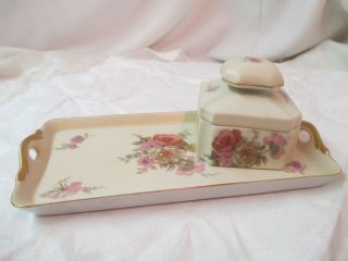 Vintage Porcelain Vanity Set Tray & Powder Box Flowers
