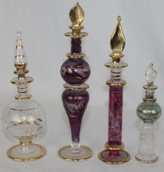 4 Perfume Bottles Vtg Glass Ornate Purple Pink Green Clear Stoppers Hand Painted