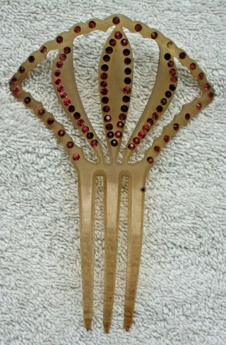 Vintage Victorian Style Hair Comb Red Rhinestones Celluloid Faux Tortoiseshell