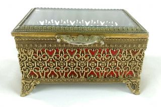 Vintage Gold Filigree Beveled Glass Trinket Jewelry Rectangle Casket Box - 4