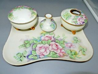 Noritake Vintage 6 Pc Porcelain Vanity Dresser Set Tray Hair Receiver Mini Vase