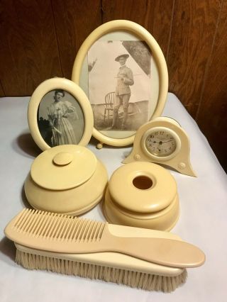8 Piece 1930’s Celluloid Dresser Set With Clock And Victorian Portraits