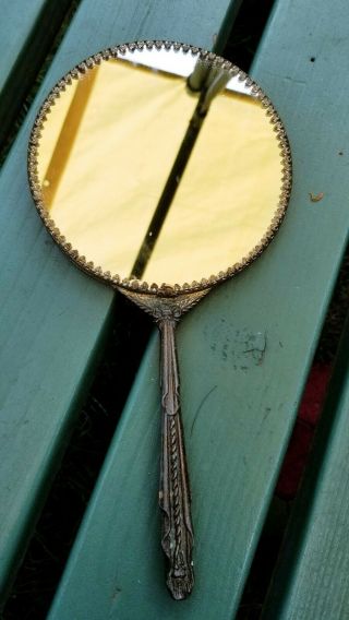 Antique Vintage Art Deco Hand Held Mirror Brass Gold Tone 2 Sided Victorian Styl