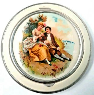 Vintage Art Deco White Enamel Compact With Hand Painted Victorian Couple.  See