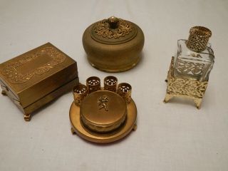 Brass Vanity Filigree Set Jewelry Box Music Powder Lipstick Holder Compact Bottl