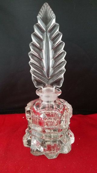 Vtg Crystal Clear Heavy Glass Perfume Decanter With Feather Stopper 7 " H