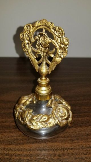 Vintage.  " Globe " 24k Gold Plated Roses Perfume Bottle W/ Dauber