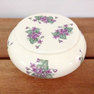 Vintage Large Ceramic Hand Painted Purple Violets Vanity Powder Dresser Jar