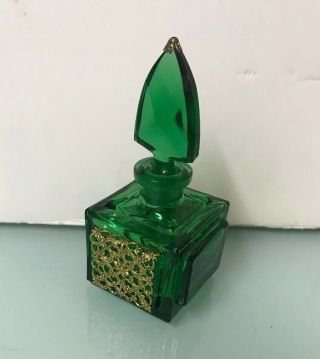 Vintage Green Glass Perfume Bottle With Brass Fillagre Design