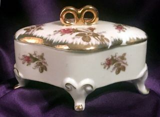 Vtg Porcelain Rose Pattern Gold Trim Lidded Trinket Box - Lipper & Mann
